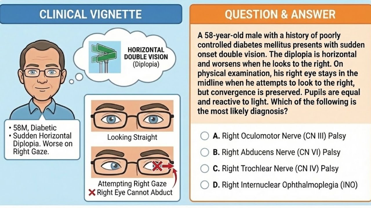 Паралич отводящего нерва VI черепного нерва. Ключевой экзаменационный вопрос для USMLE и NCLEX.
