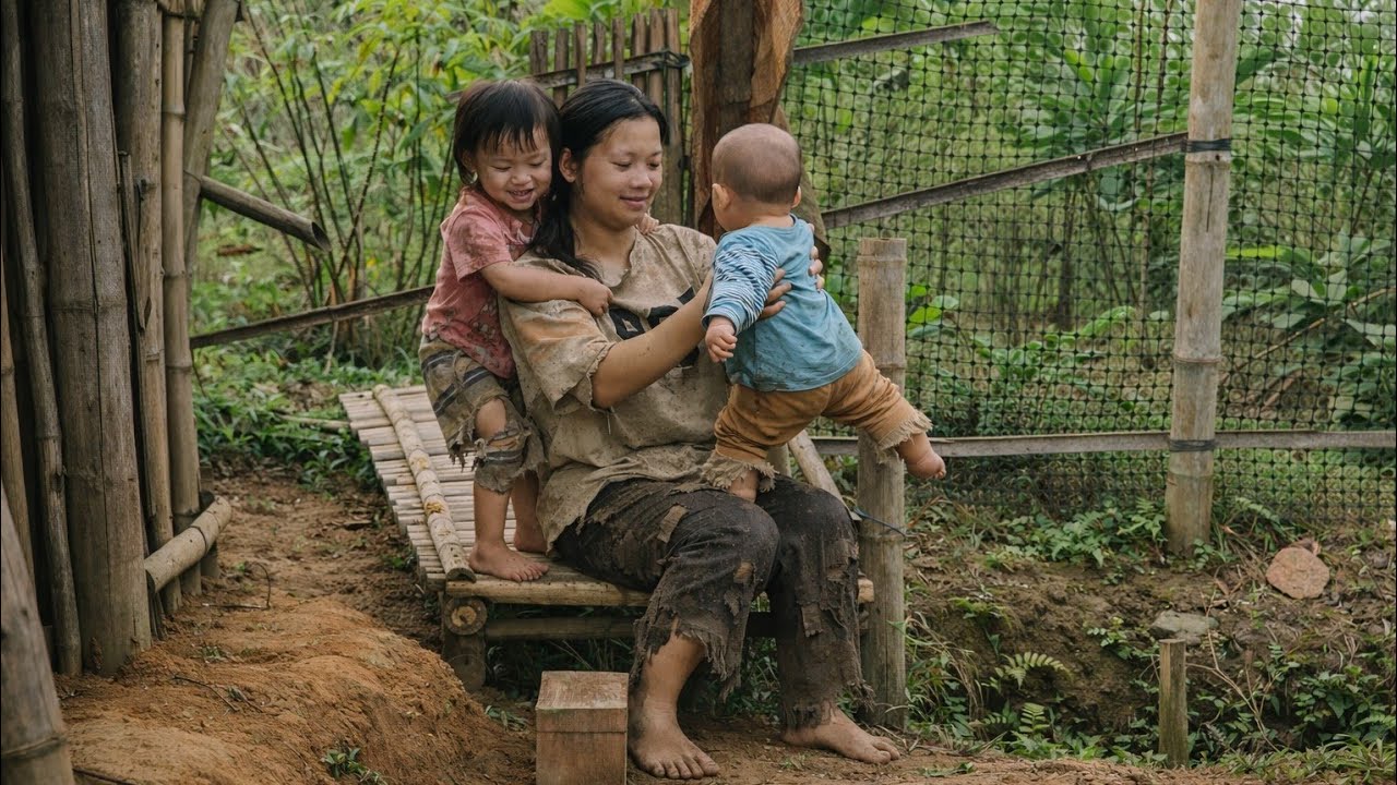 The impoverished mother and her daughter harvest cassava shoots to sell at the market.