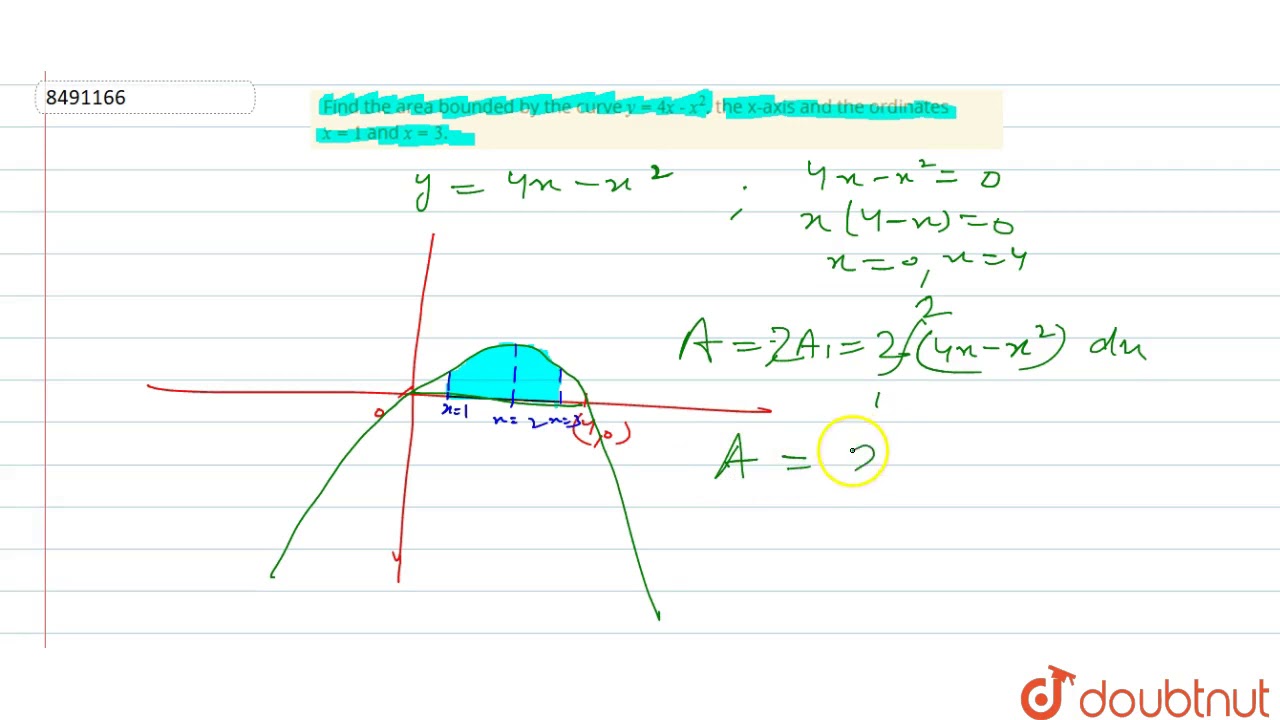 Find The Area Bounded By The Curve Y 4x X 2 The X Axis And The Ordinates X 1 And X 3 Youtube