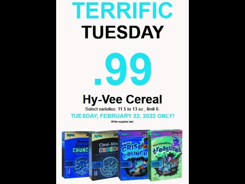 Terrific Tuesday Hy-Vee Cereal 11.5-13 oz 99¢ 02-22-2022 ONLY Deals Coupon Ads Stock-Up & Prepping