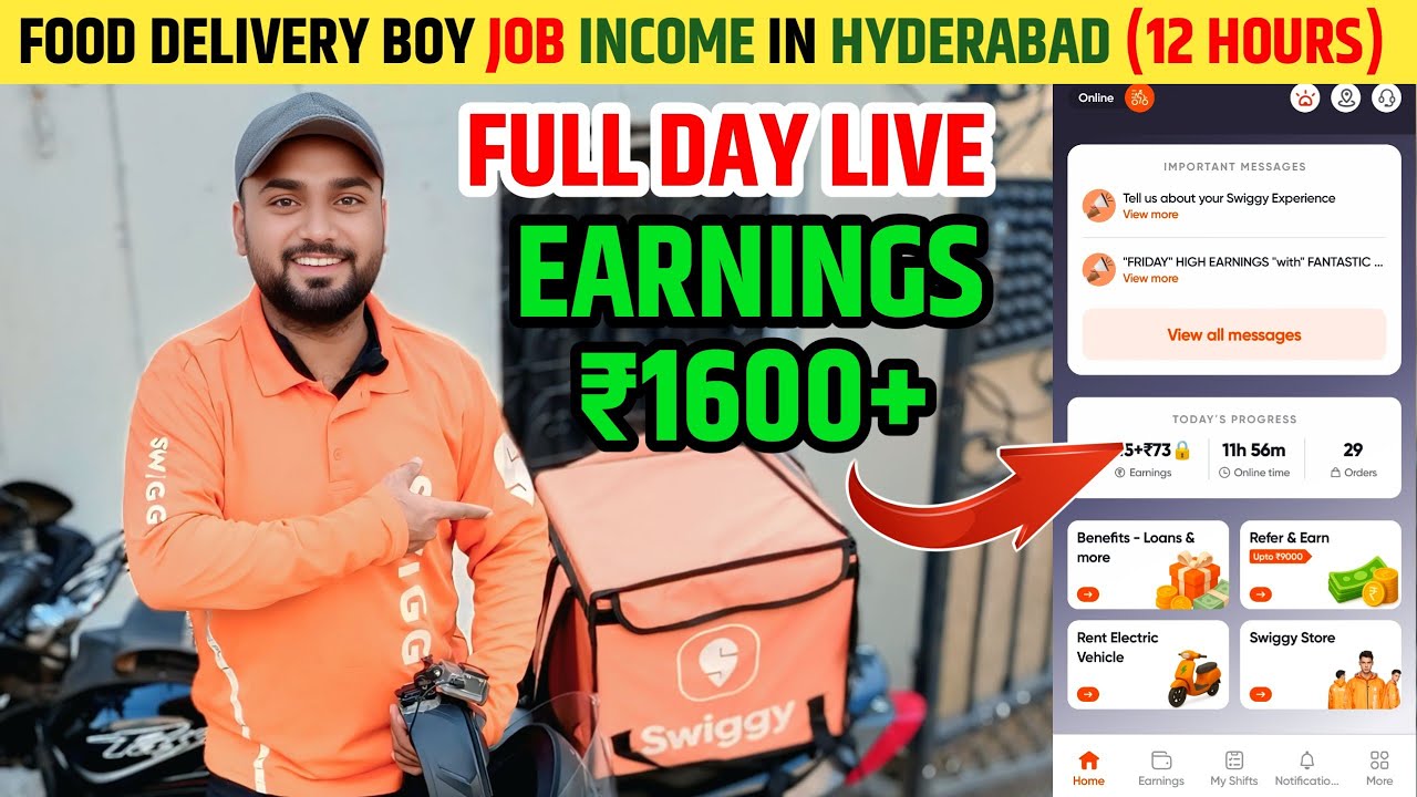 Swiggy 12 HOURS Food Delivery Boy Job in Hyderabad || Full Day Live Earnings 🤑 Indian Rider Azaad 