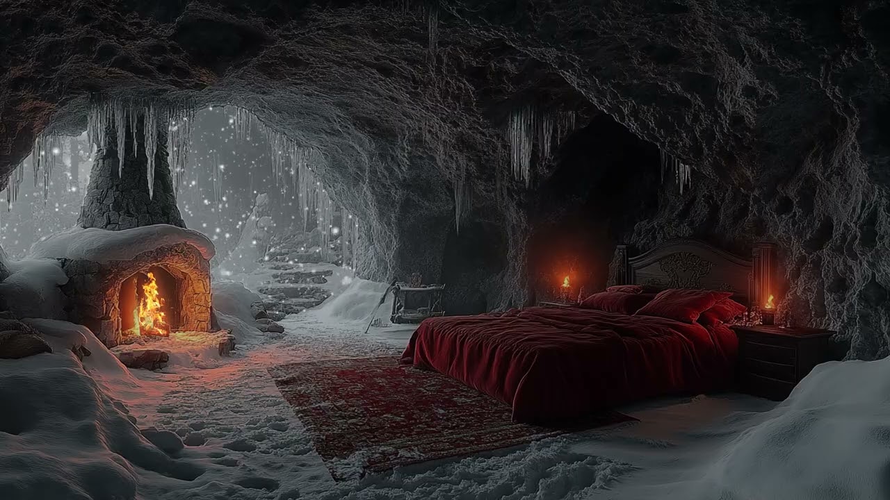 Cozy Winter Cave Ambience| Snowstorm and Crackling Fireplace for Deep Sleep and Relaxation
