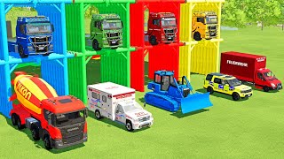 TRANSPORTING EXCAVATOR, MIXER TRUCK, BULLDOZER, POLICE CARS TO GARAGE WITH MAN TRUCK - FS22