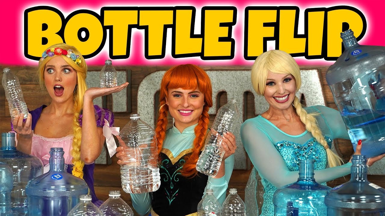 water bottle flip game Messy Bottle Flip Challenge Elsa vs Anna vs Rapunzel? Totally TV Dress Up Characters.