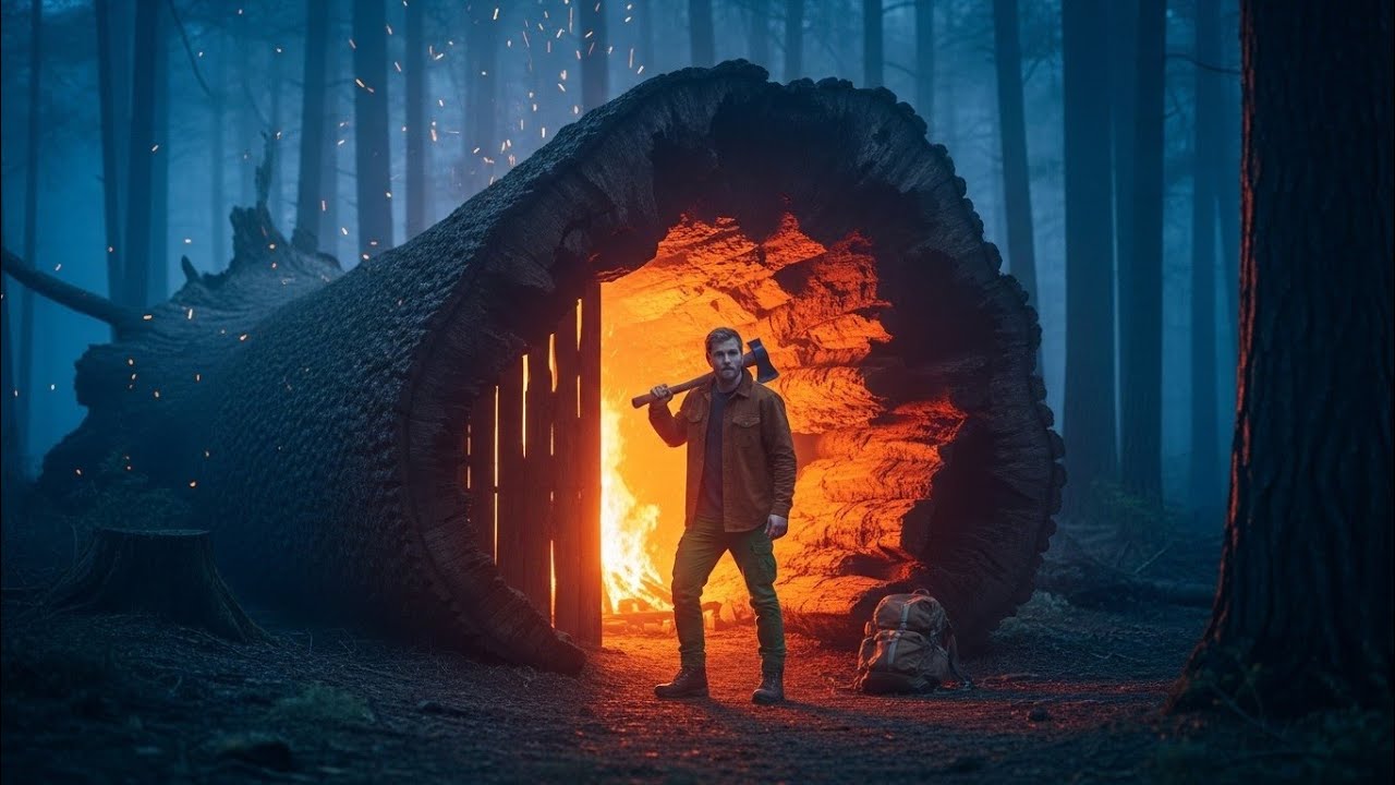 Hidden Tree Shelter in the Wild – Full Forest Survival Build ASMR (4K)