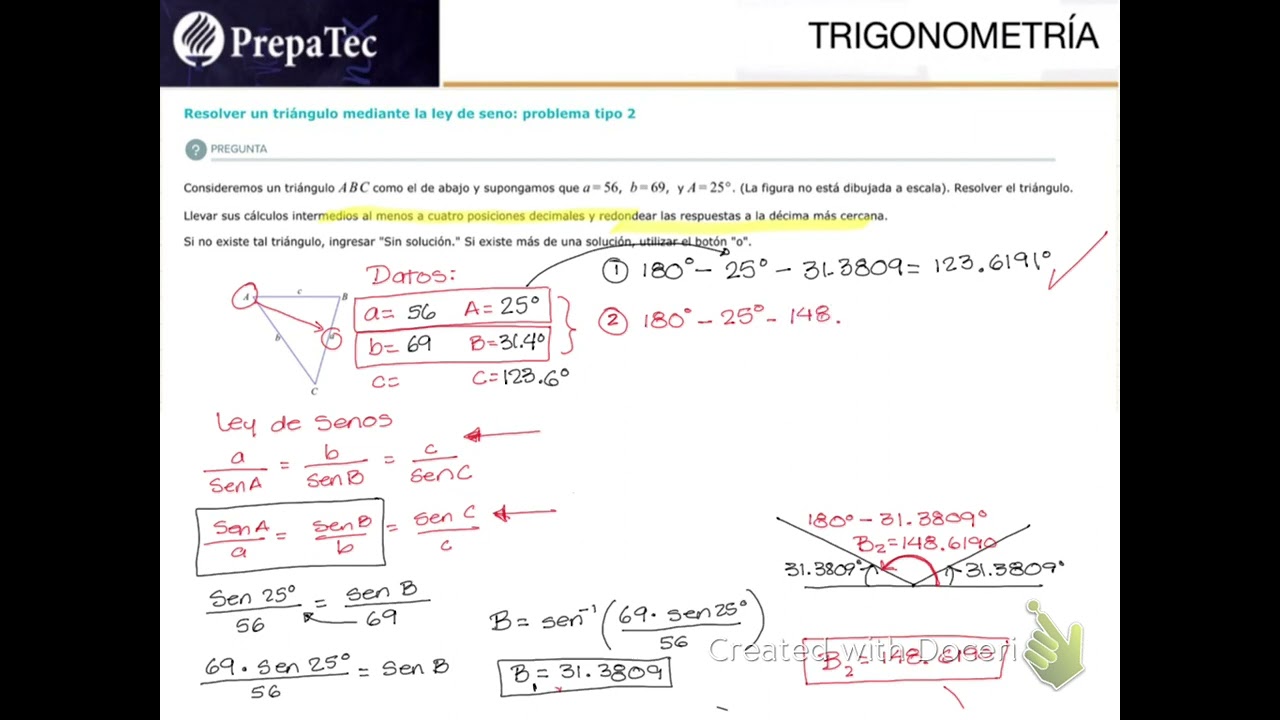 Resolver un triángulo mediante ley de senos (2 soluciones) ALEKS