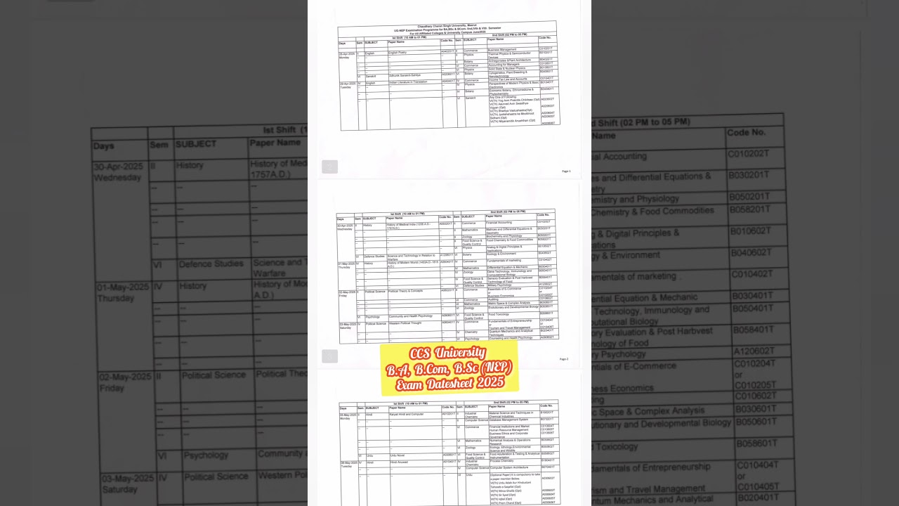 CCS University UG(NEP) Even Semester Exam Datesheet 2025 