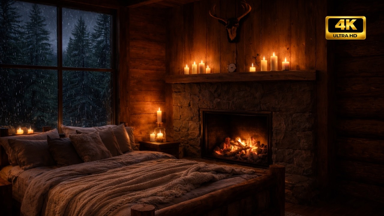 HEAVY RAIN + DISTANT THUNDER | Cozy Log Cabin Night | FIREPLACE SLEEP SOUNDS | 6.5 Hours