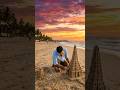Making sand Temple. A man building a castle with sand