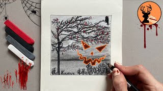 Halloween Drawings: How To Draw Halloween Crow On The Tree With Soft Pastel #halloween #drawing screenshot 5