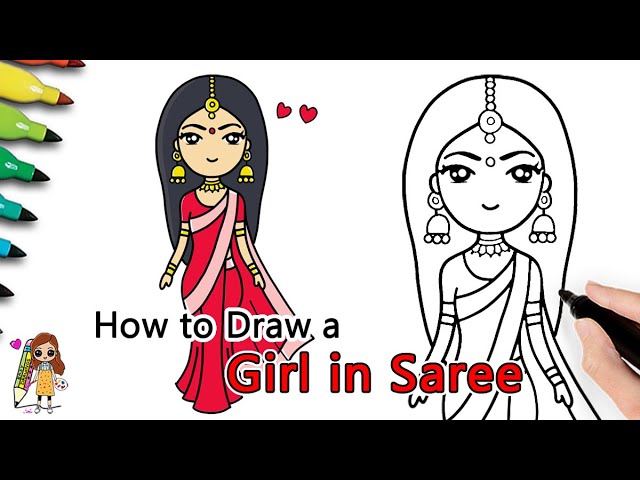 Premium Photo | Cute girl with saree photo sketch HJAJD547165