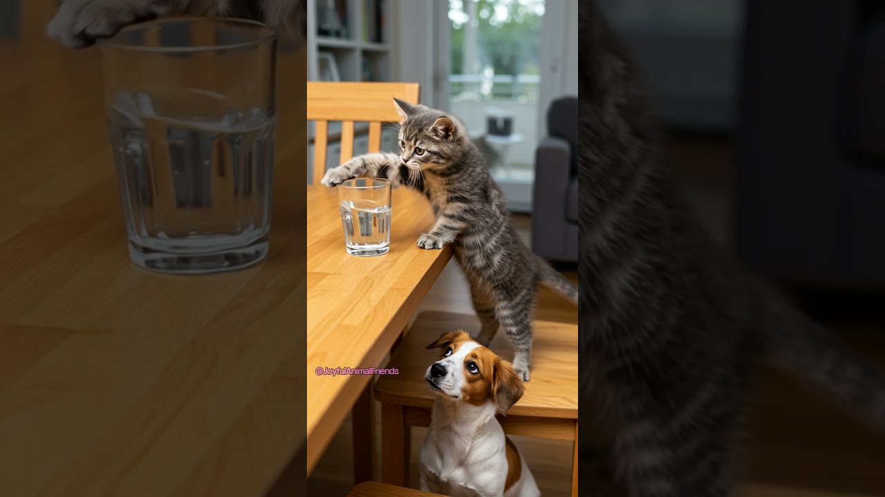 Kitten Pushes Glass To The Edge And Puppy Fears Worst
