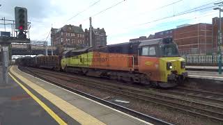 The Class 70 'GE PowerHaul' Colas Rail Freight No.70810 with Loggings is passed through at Carlisle.