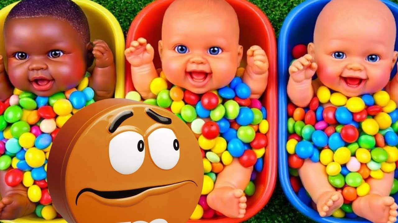 Let's play with 3 Rainbow BathTubs full with Candy M&M's and Magic Slime