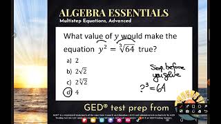 GED® Math: Multistep Equation with Powers and Roots (1.11, Adv, # 8)