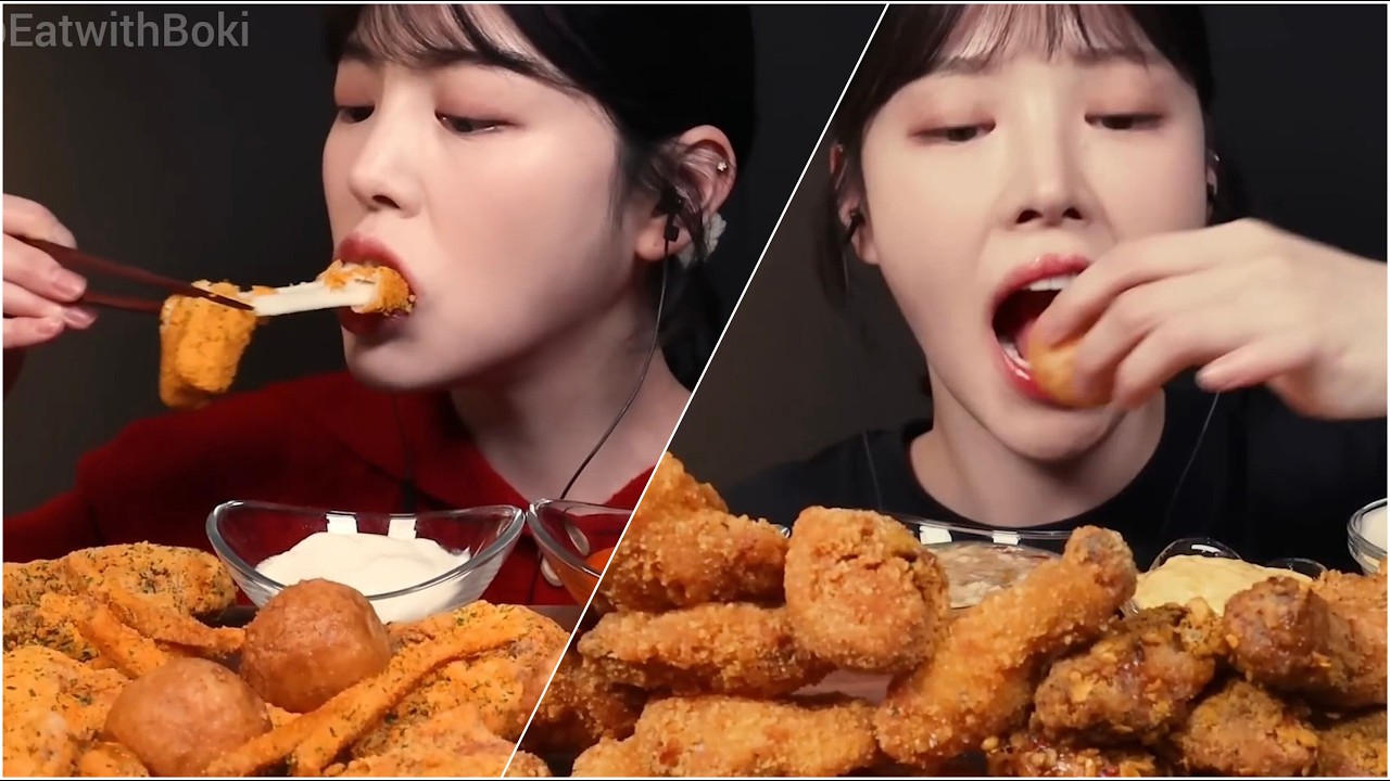 Mukbang crunchy fried chicken & stick cheese with spicy sauce big bites asmr compilation voll 55