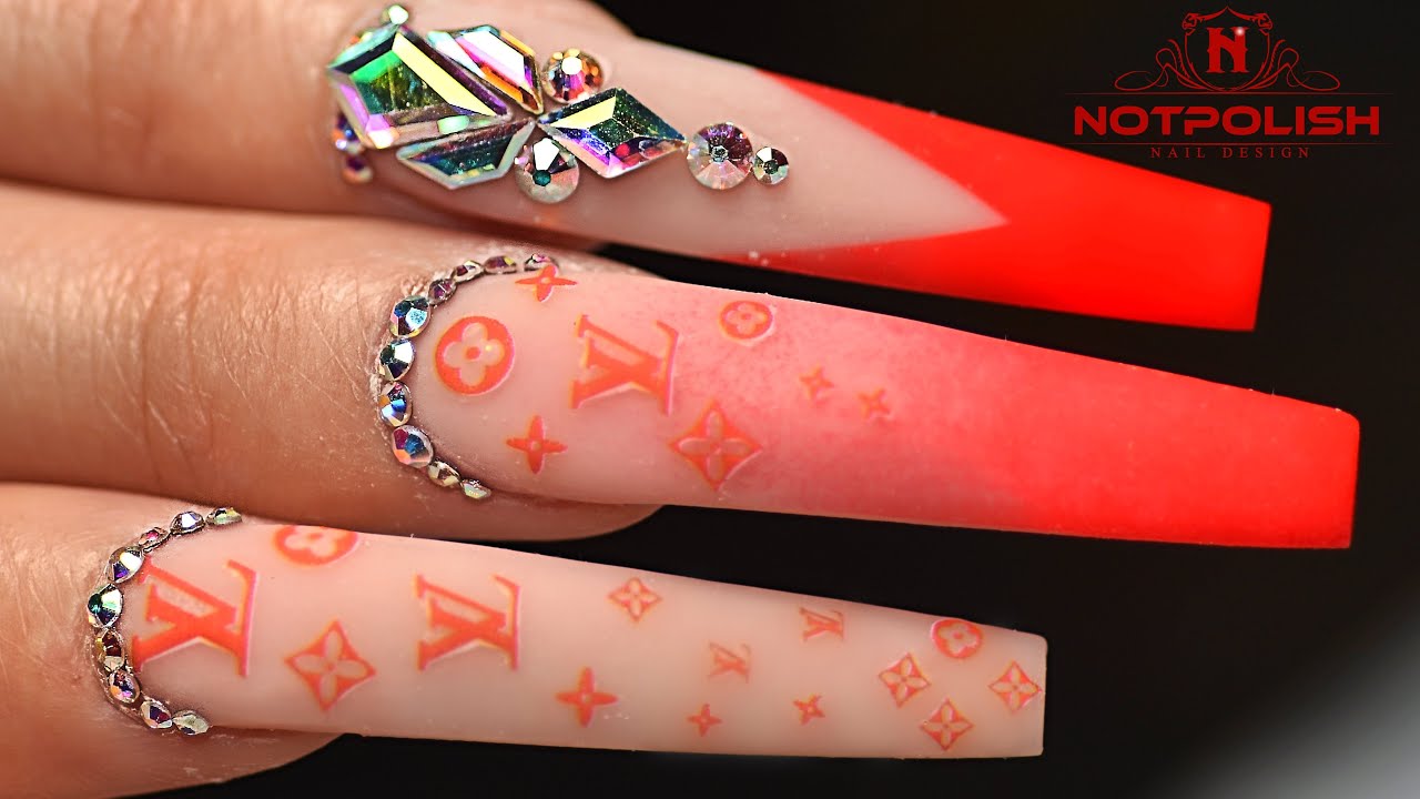 HOW TO DO RED LOUIS VUITTON NAILS TUTORIAL I LONG ACRYLIC COFFIN SHAPE  DESIGN I NOTPOLISH 2020 TREND 