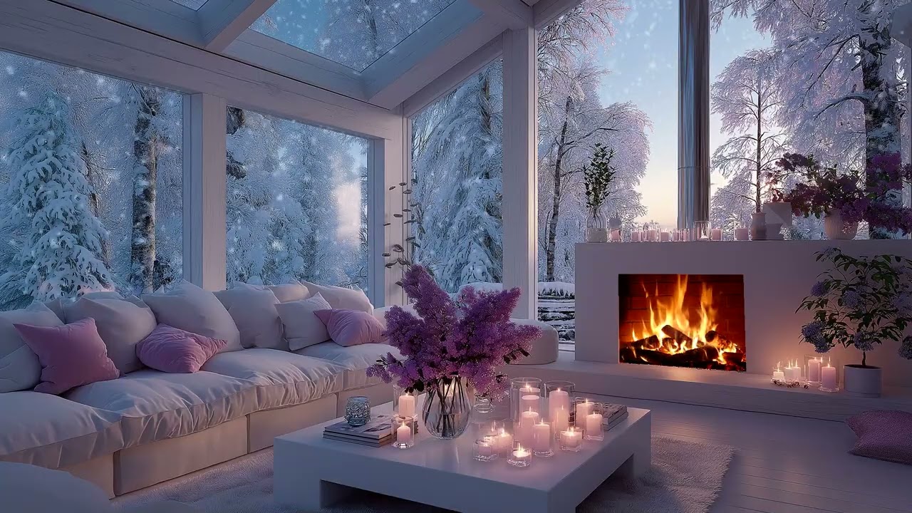 ❄️🎹Winter Fireplace Piano Music | Purple Candle Lounge 3 Hours | Sleep Faster Meditation Study Relax