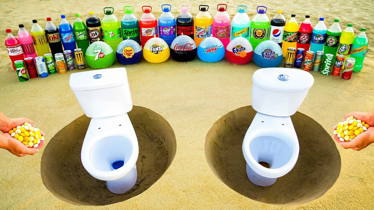 Experiment: Balloons of Big Coca Cola and Mentos, Mtn Dew, Fanta, 7up in Double Toilet Underground