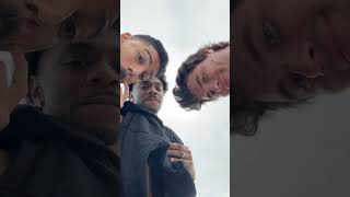 Michael Evans Behling, Jonathan Daviess, Chase Stokes on break for Armani Beauty.