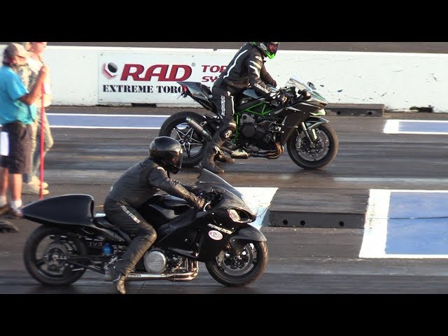 Nitro Hayabusa vs H2 Ninja and GSXR - motorbikes drag racing class=