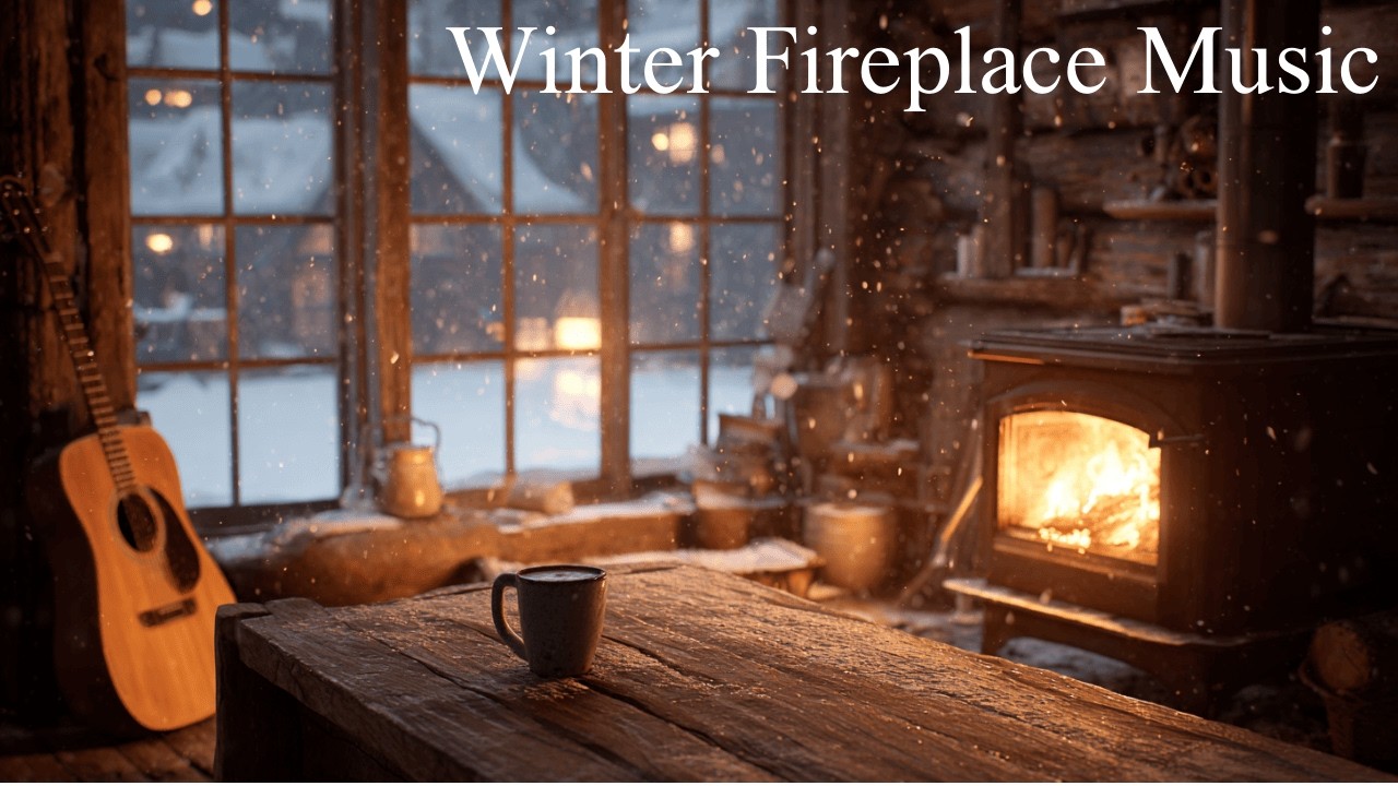 Acoustic Guitar Instrumental BGM | Winter Night Fireplace Sounds Cozy for Deep Focus & Relaxation