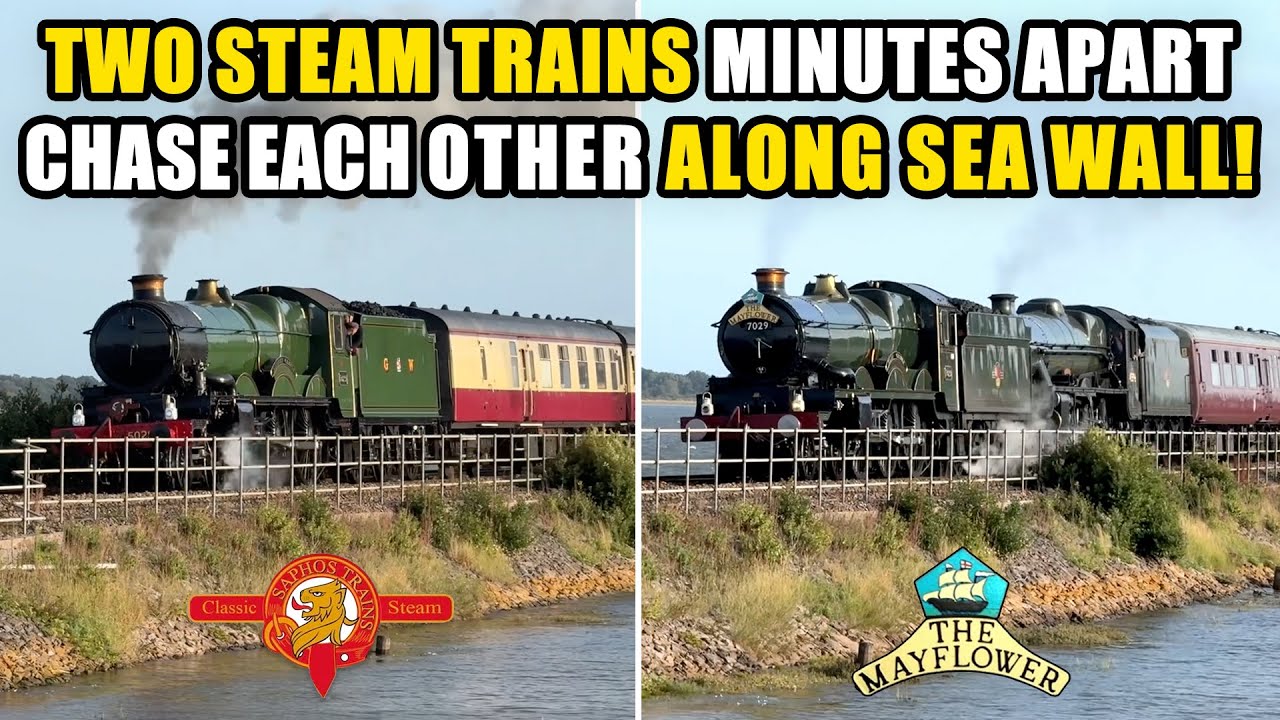 7029 Clun Castle’ + 45596 ‘Bahamas’ chase 5029 ‘Nunney Castle’ along Dawlish Sea Wall! | 06.09.2025