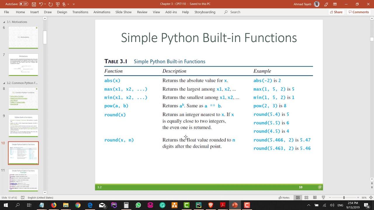 CPIT110 Chapter 3 (#32): 3.1 Motivations & 3.2 Common Python Functions ...