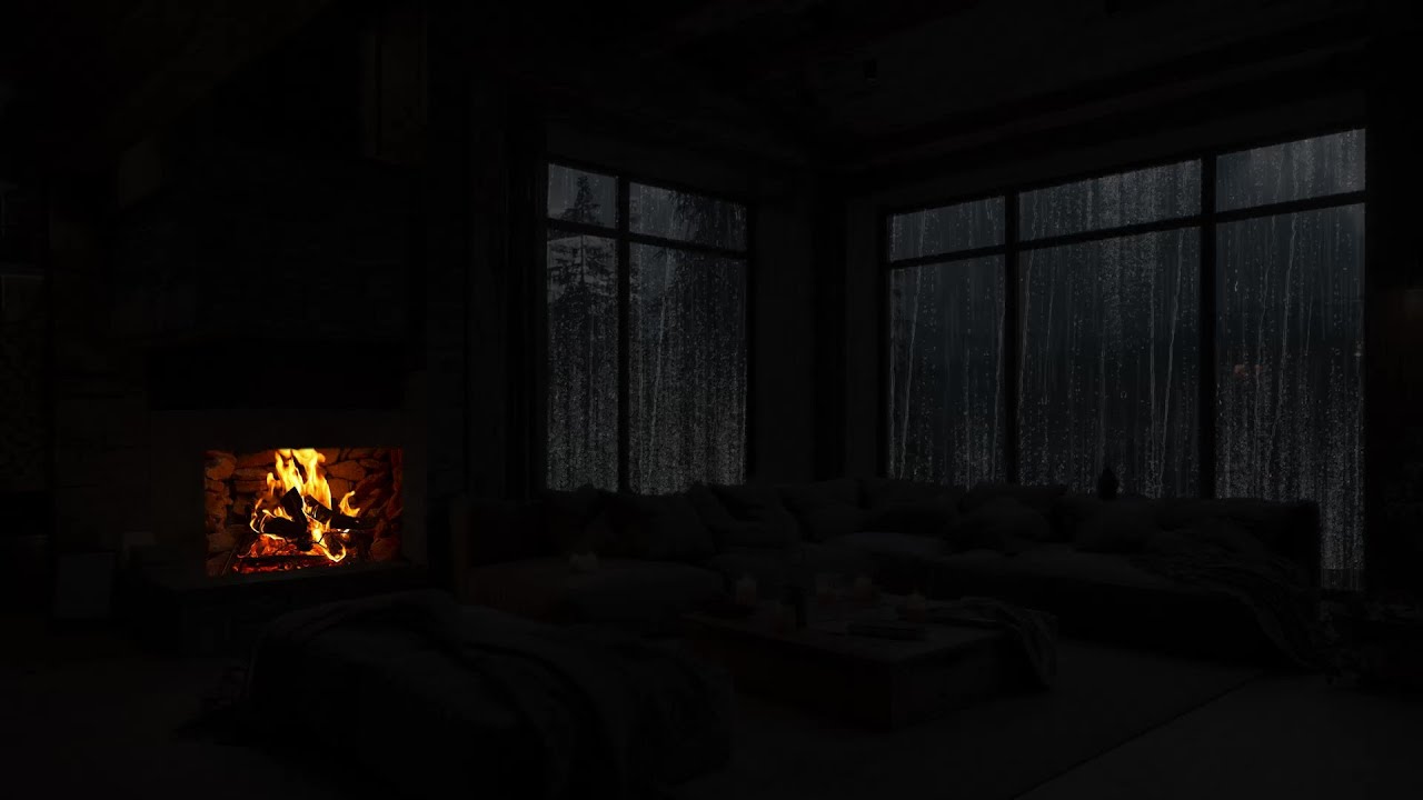 Cozy Cabin with Fireplace | Heavy Rain and Distant Thunder for Peaceful ...