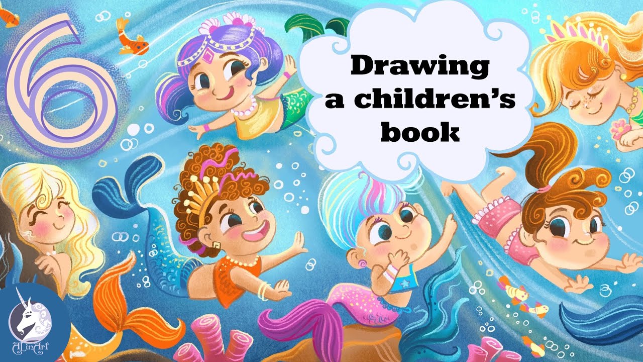 Cute mermaids with a girl, speed drawing digital -Alinart. Русалки и девочка для книги "От 1 до 10".