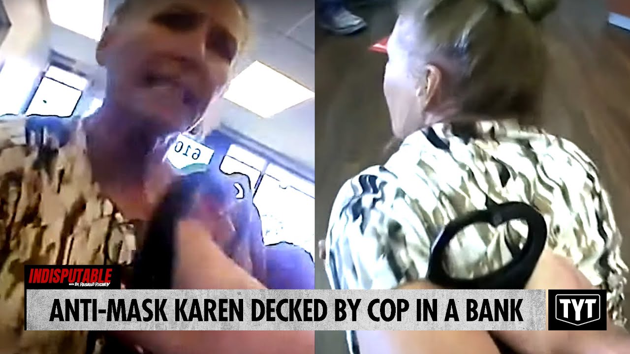 Anti-Mask Karen Decked By Cop In A Bank - YouTube