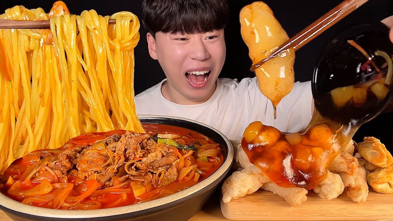 СУБ) Корейская китайская еда, пряный чампонг и кисло-сладкий мукбанг со свининой