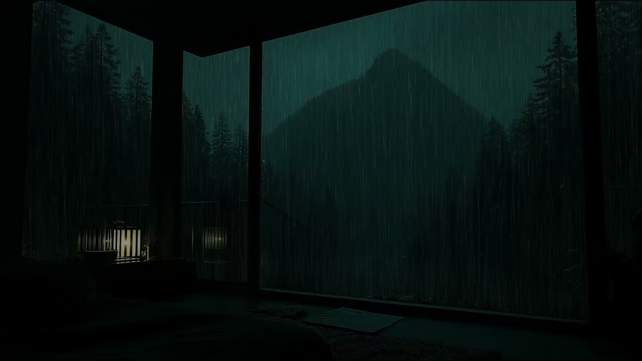 Cozy Rainy Evening Ambience in a Dark Bedroom Overlooking Nature for Rest and Meditation