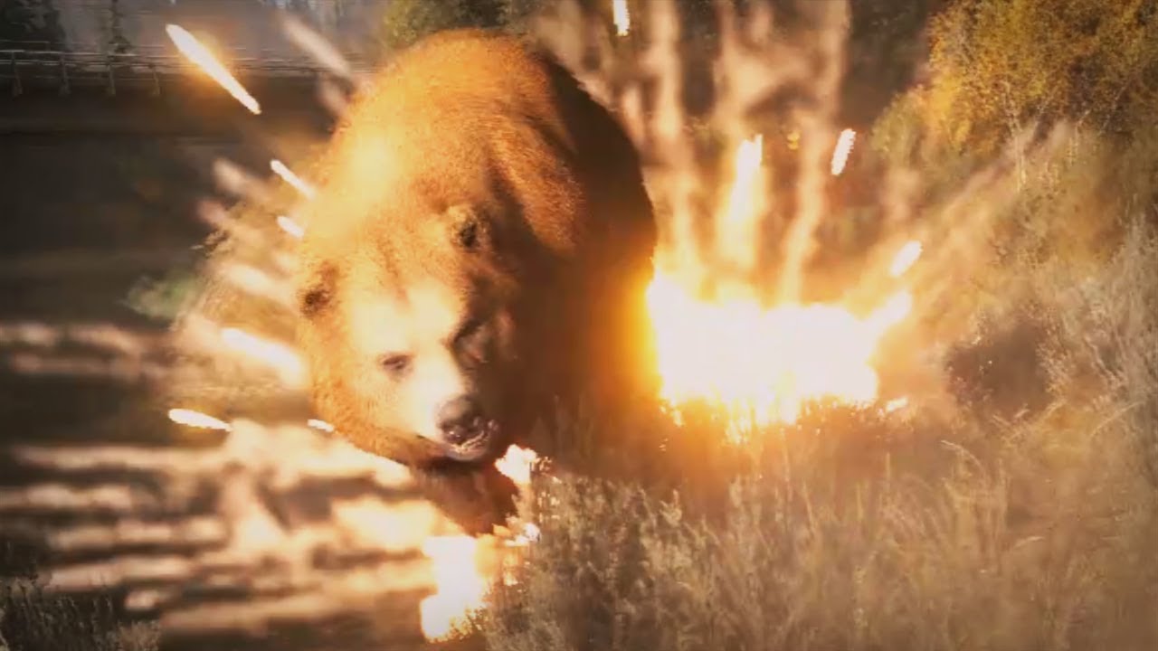 Bear Exploding Bear gets blasted by a rocket launcher and screams