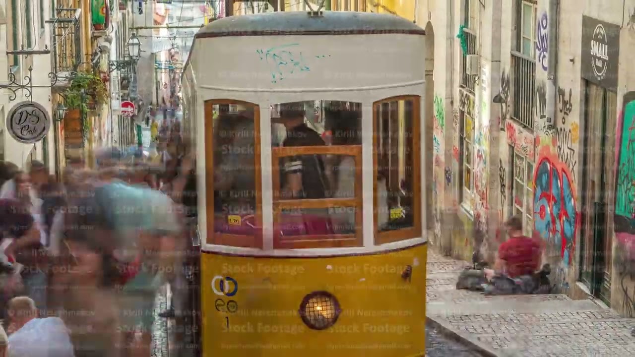 The Gloria Funicular Elevador da Gloria in the city of Lisbon timelapse, Portugal.