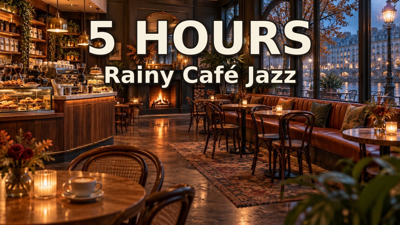 Rainy Autumn Grand Café 🌧️ Soft Jazz Piano &amp; Fireplace Glow for Reading &amp; Calm Evenings