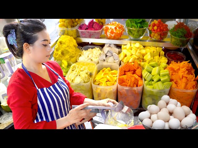 Fruit Smoothie u0026 Mixed Fruit Desserts with Coconut Milk | Cambodia Street Food class=