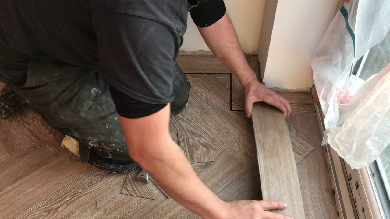 Plusfloor herringbone LVT flooring installation Pure oyster colour