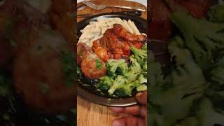BBQ Bacon Wrapped Pork Baby Back Ribs w/ Penne Alfredo, Cheese Arancini & Steamed Broccoli