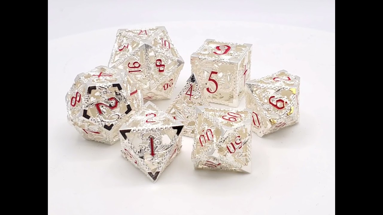 Old School 7 Piece DnD RPG Metal Dice Set: Hollow Dragon Dice - Silver w/ Red