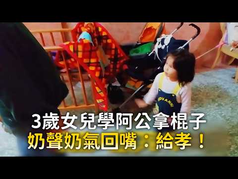 3歲女兒學阿公拿棍子 奶聲奶氣回嘴：給孝！