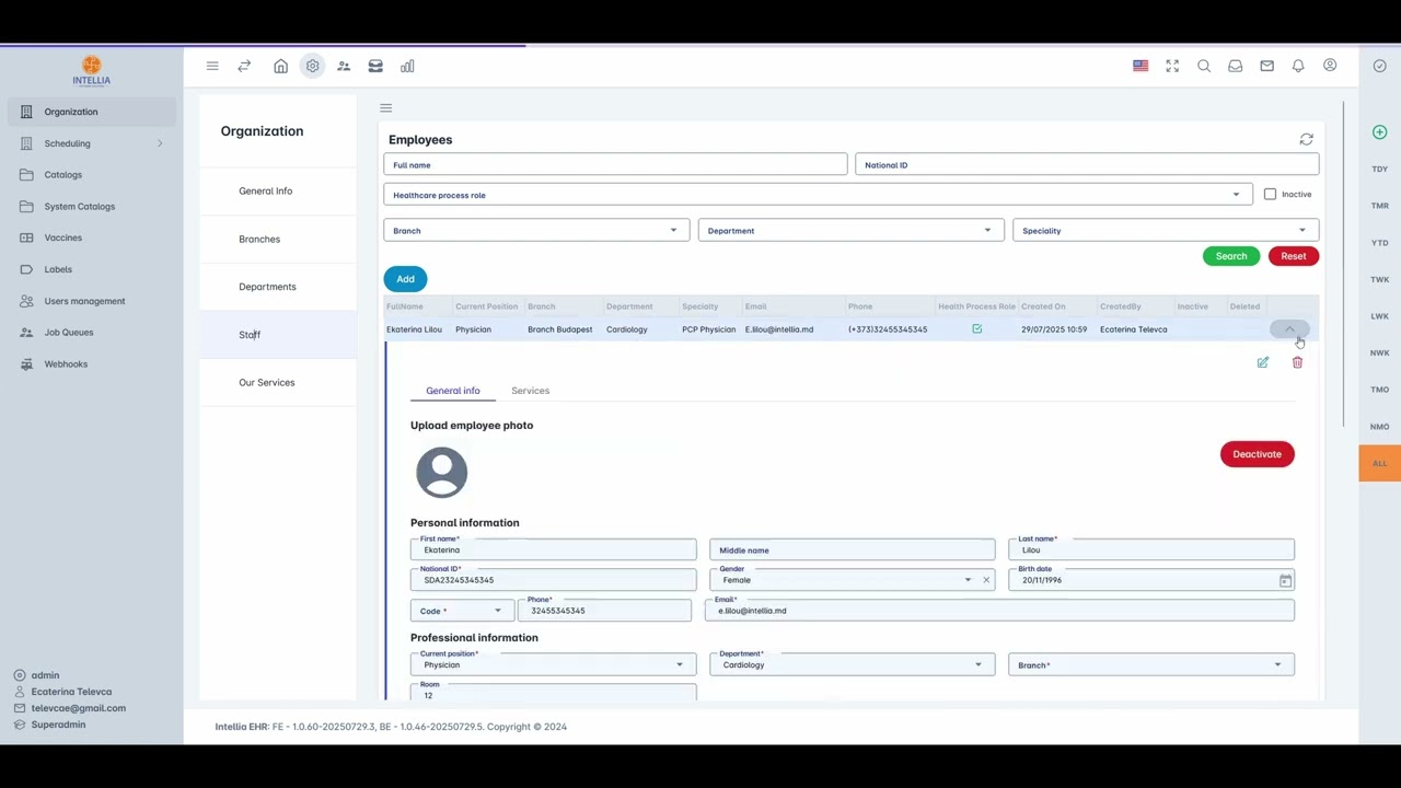 Intellia EHR - organization and staff configuration