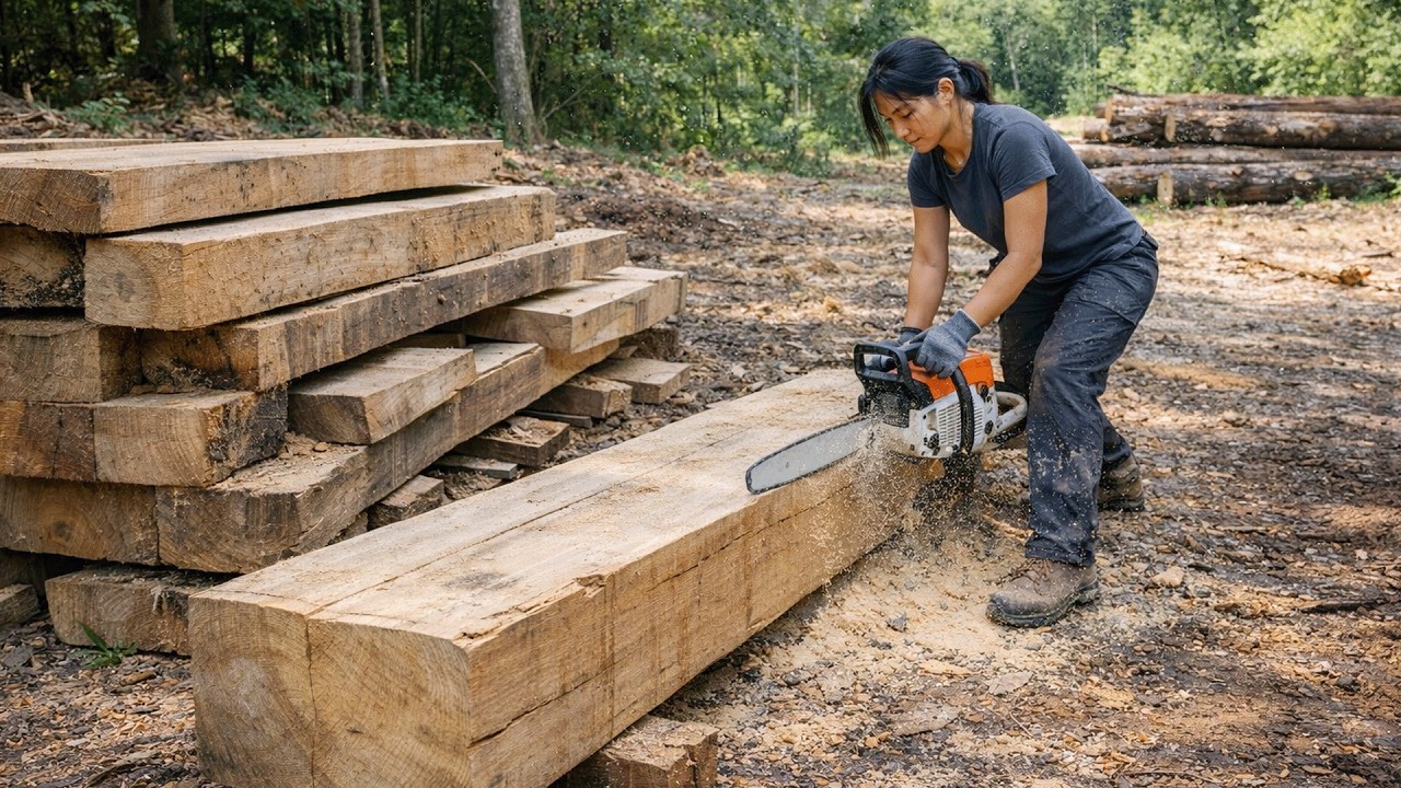 Young Girl Builds Wooden House from Scratch  Sawing Timber, Framing & Roofing Skills