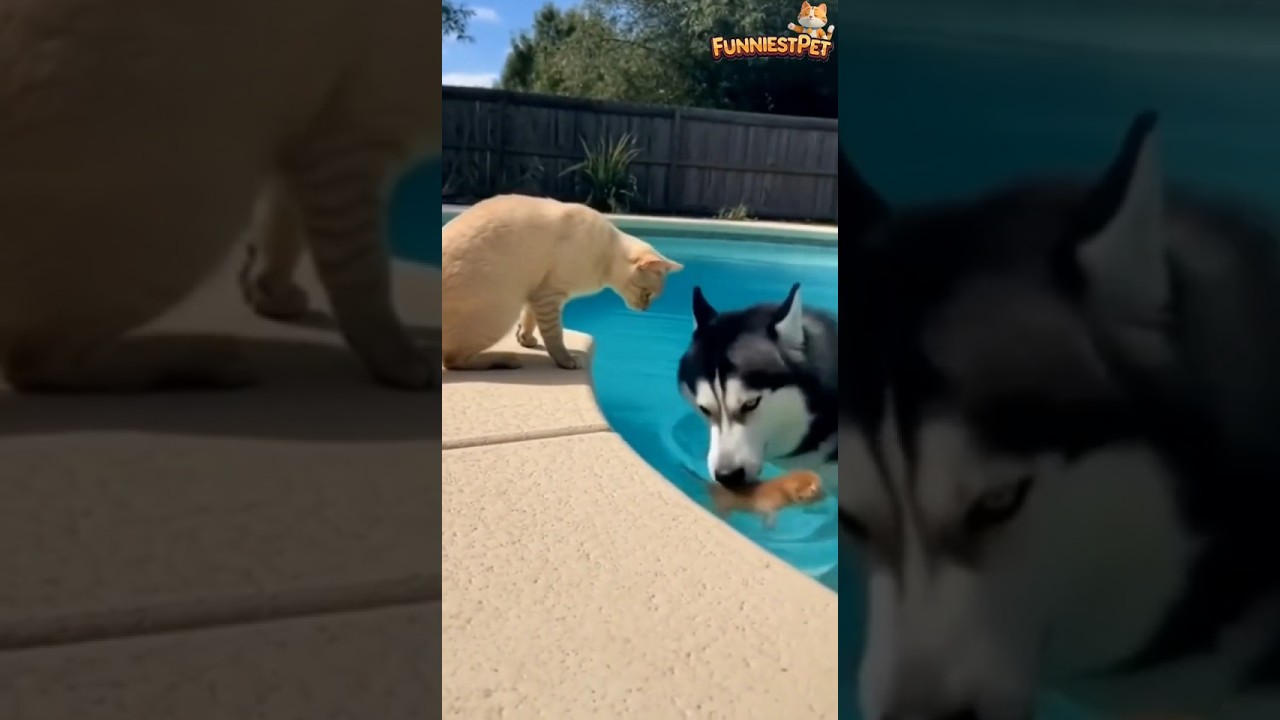 Brave Husky Jumps Into Pool to Save Drowning Kitten 😭🐾