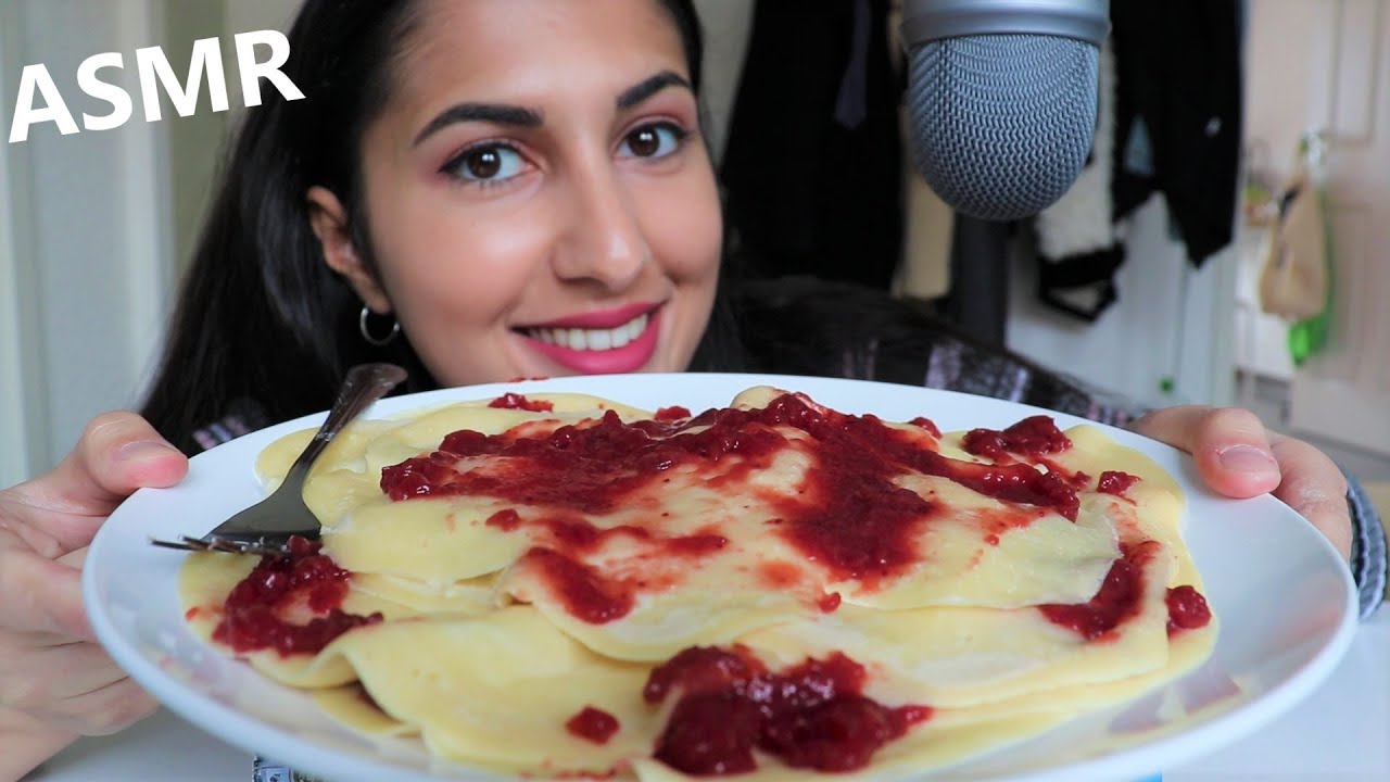 EATING CREPES WITH STRAWBERRY JAM | BIG BITES | ASMR | LOUD CHEWING SOUNDS | breeze eats