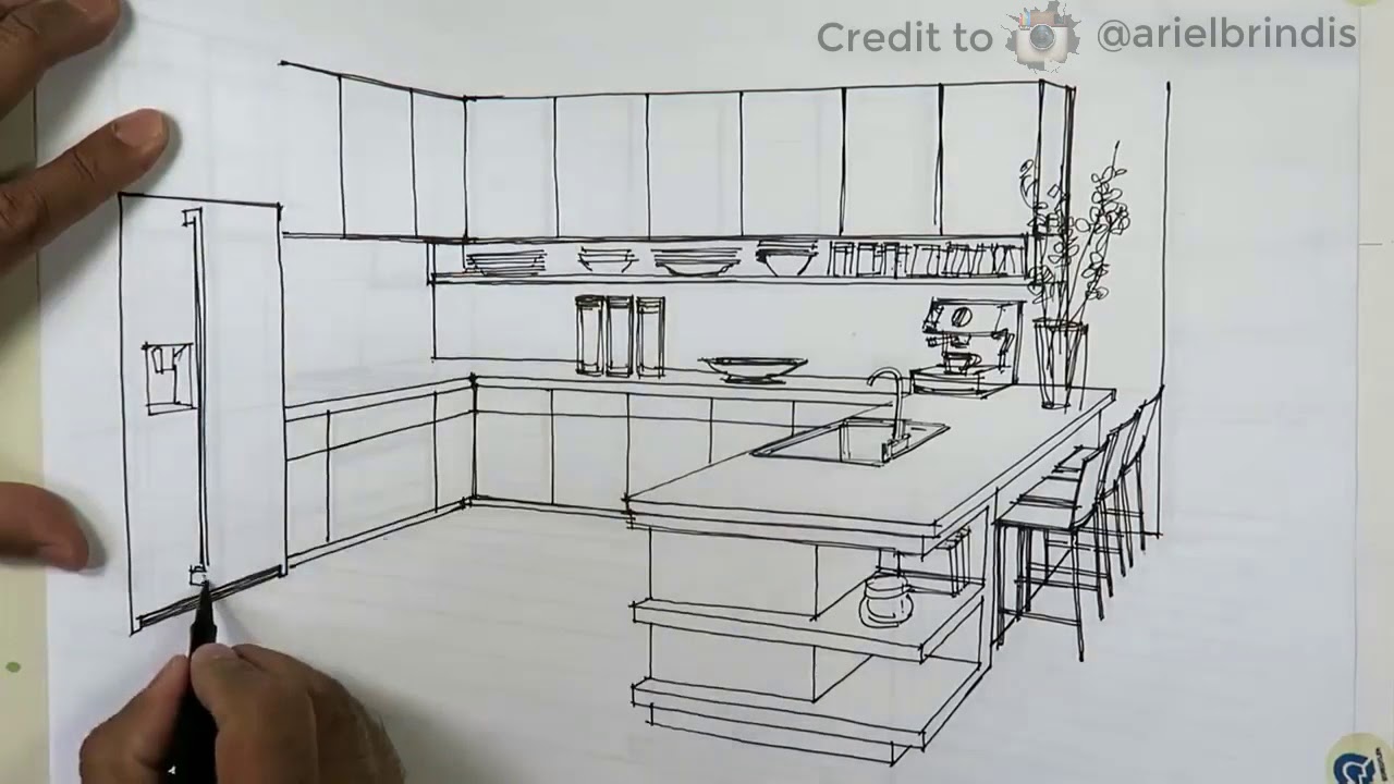 Gambar Desain Interior Dapur Berbentuk Gambar Sketsa Minimalis Di