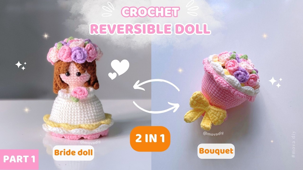 まるちゃん様２点おまとめ品　アンリ人形 女の子と花束 8.2cm他 PART 1] Crochet 2-IN-1 reversible bride doll bouquet