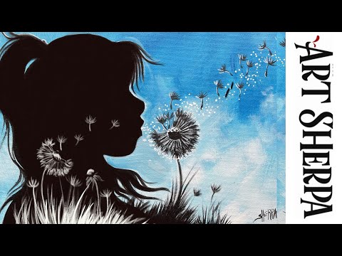 Girl Blowing Dandelion Fluff  How to paint acrylics for beginners: Paint Night at Home