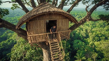 90-Day Challenge: Building a Tree Shelter and Surviving with Primitive Tools , Survival  , Bushcraft