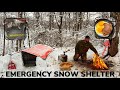 Solo Overnight Building an Emergency Shelter in The Snow and Steak with Eggs